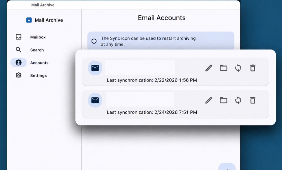 Mail Archive: list of connected email accounts with last synchronisation time