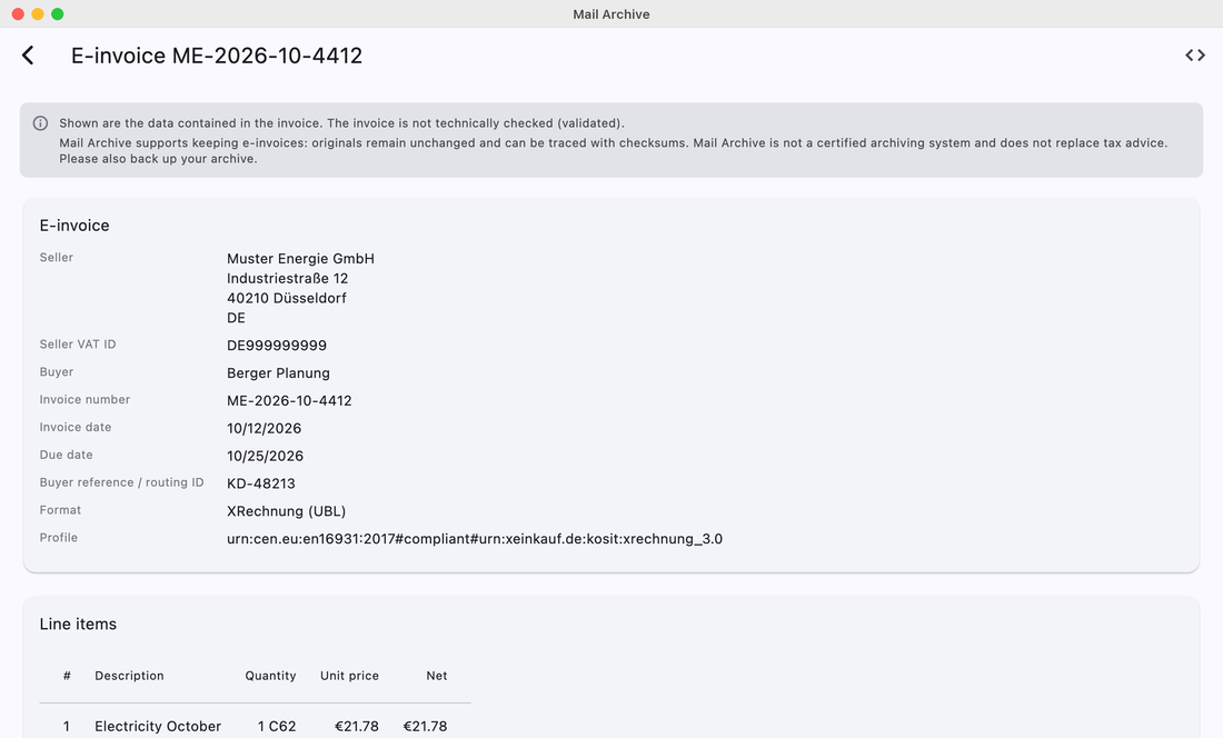 Readable view of an e-invoice with seller, line items, totals and checksum
