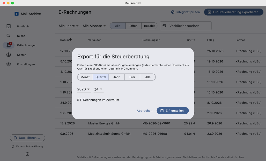 Dialog „Export für die Steuerberatung“ mit dem Zeitraum Quartal