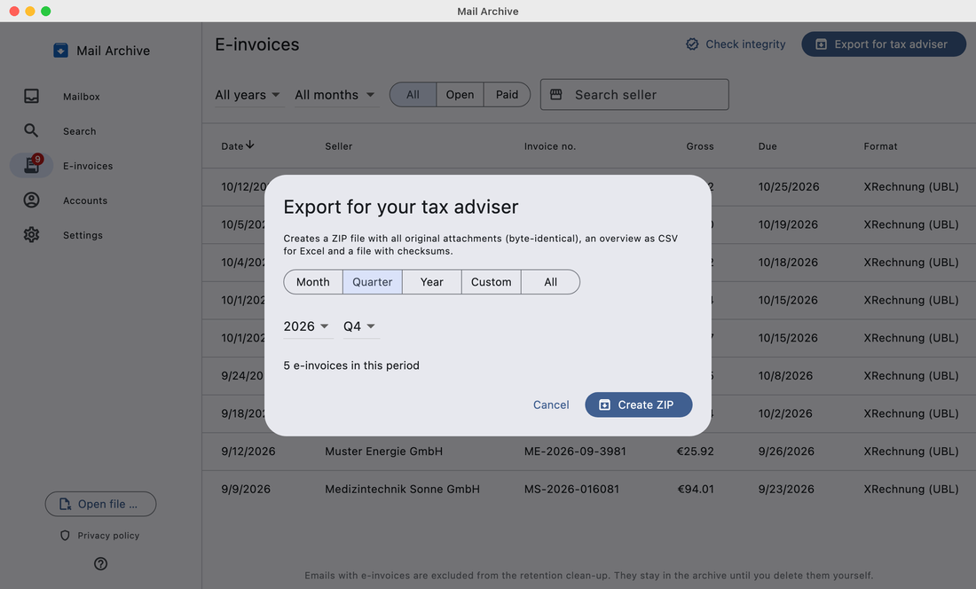 “Export for your tax adviser” dialog with a quarter selected