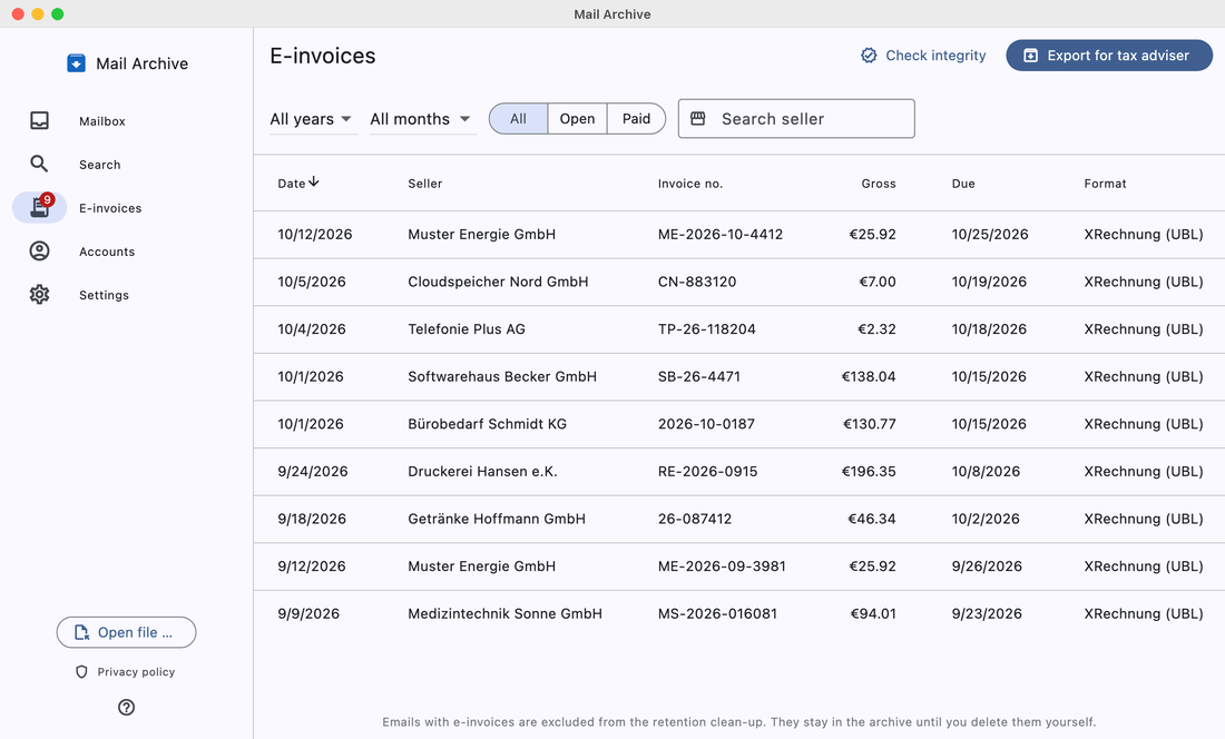 E-invoice overview in Mail Archive with filters by year, month and status