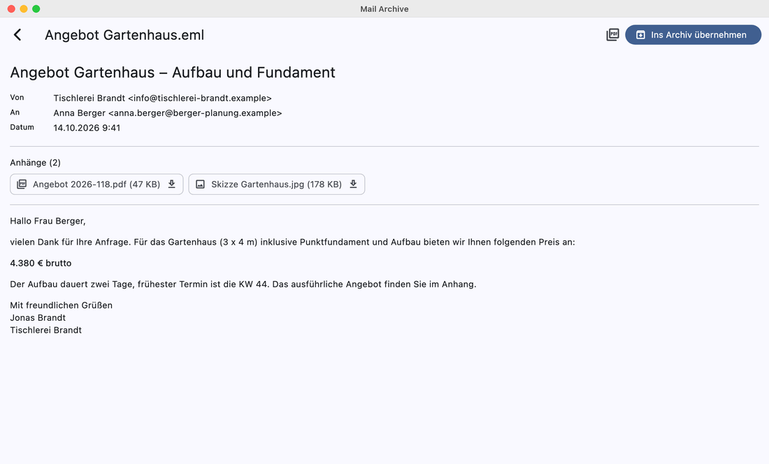 Mail Archive zeigt eine geöffnete EML-Datei mit Absender, Datum, Text und Anhängen