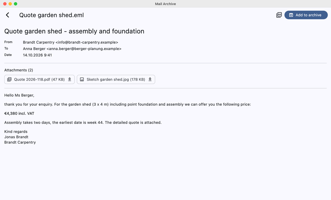 Mail Archive showing an opened EML file with sender, date, message text and attachments
