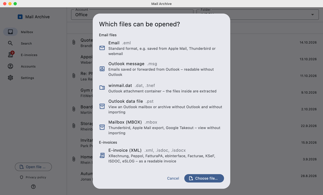 Mail Archive showing the overview “Which files can be opened?” with email files and e-invoices