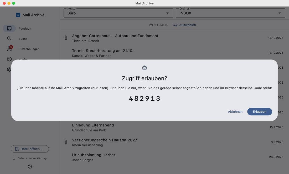 Freigabedialog „Zugriff erlauben?“ in Mail Archive mit 6-stelligem Code