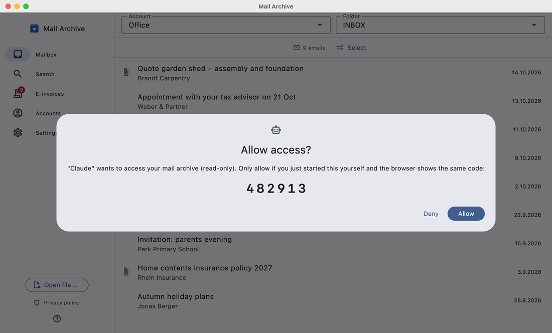 “Allow access?” dialog in Mail Archive with a 6-digit code