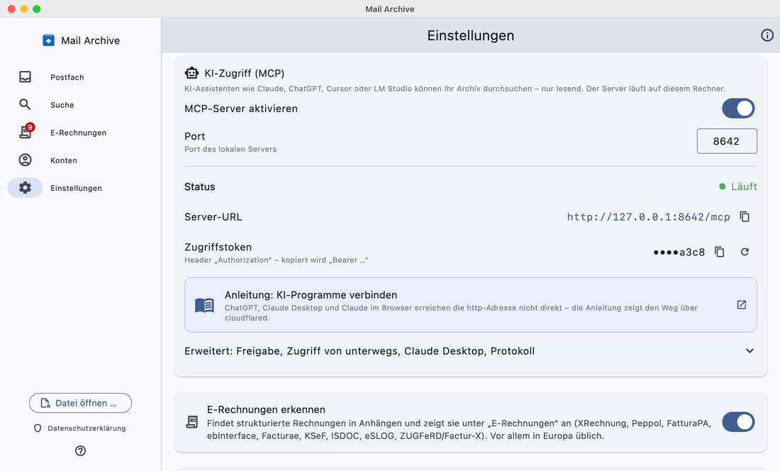 Einstellungskarte KI-Zugriff mit Status, Server-URL und Zugriffstoken