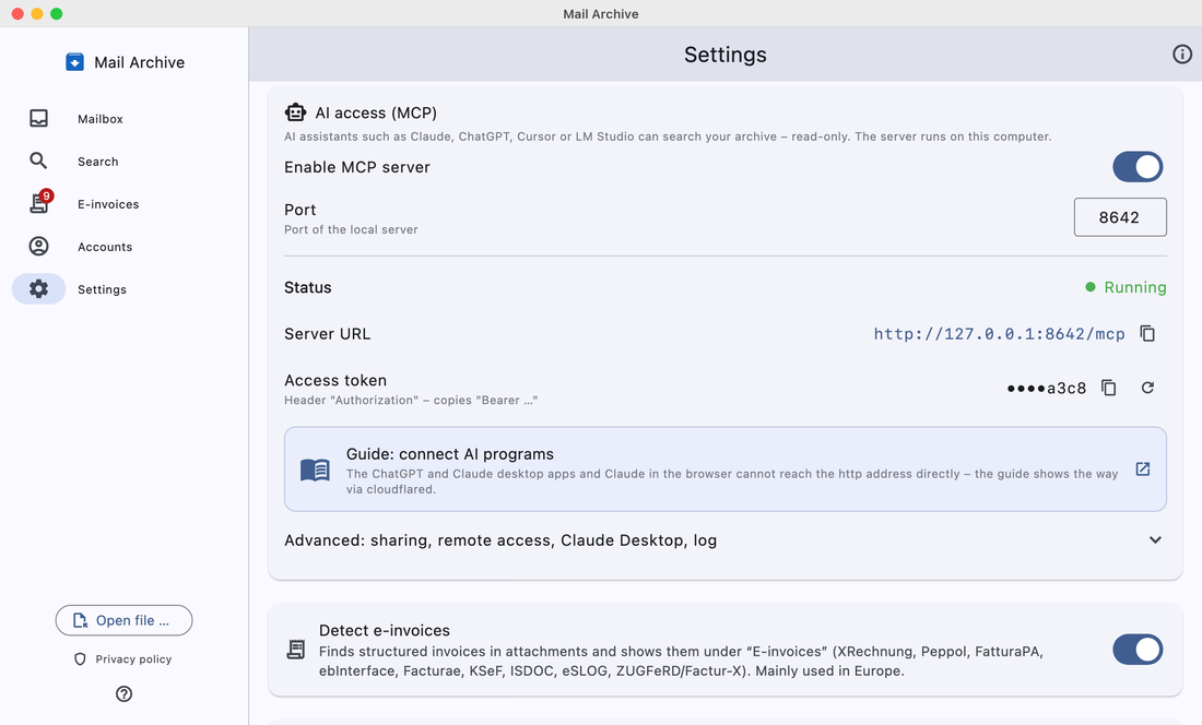 AI access settings card with status, server URL and access token