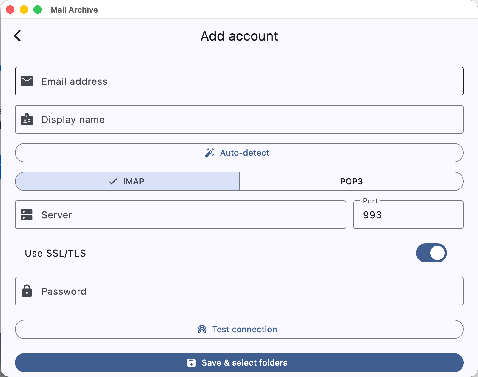 Mail Archive on Mac: “Add account” dialog with email address, Auto-detect, IMAP/POP3 switch and connection test