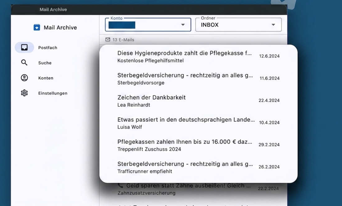 Mail Archive: Postfachansicht mit Konto- und Ordnerauswahl und archivierten Nachrichten