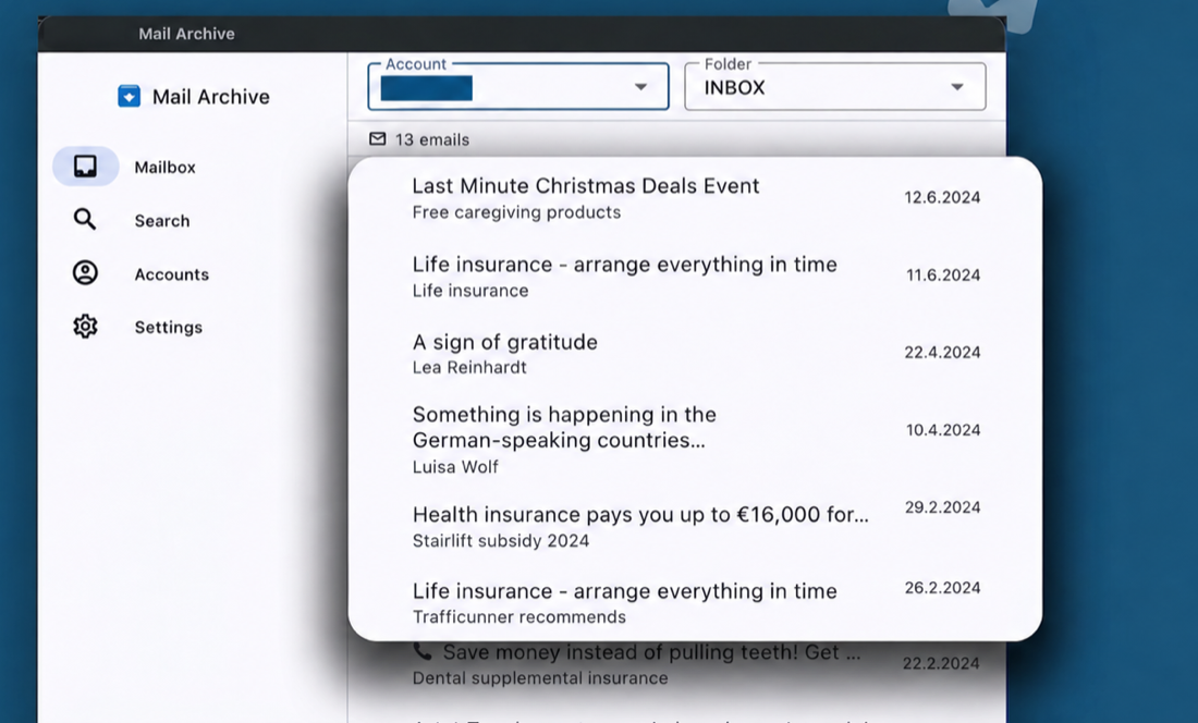 Mail Archive: mailbox view with account and folder selection and archived messages
