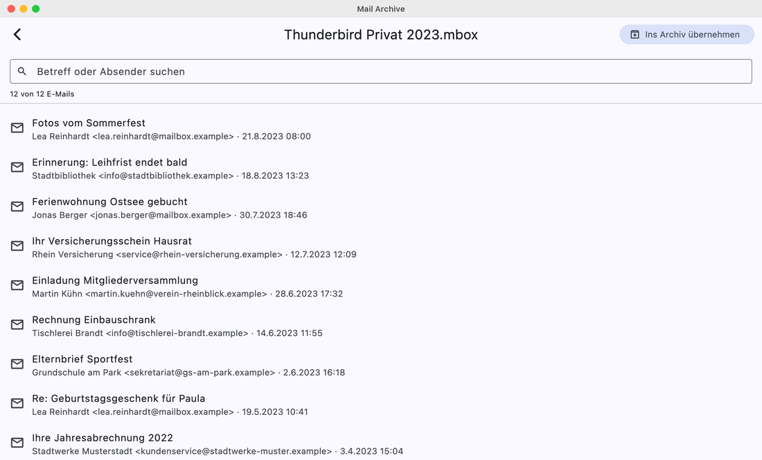 Mail Archive zeigt die E-Mails einer MBOX-Datei als Liste mit Suchfeld