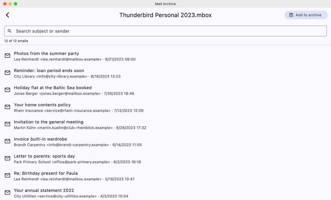 Mail Archive showing the emails of an MBOX file as a list with a search field