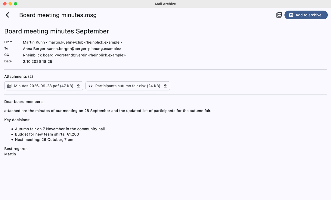 Mail Archive on a Mac showing an opened Outlook MSG file with message text and attachments
