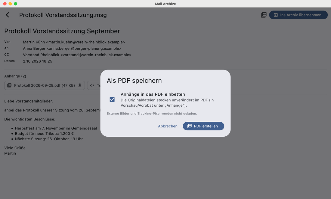 Dialog „Als PDF speichern“ in Mail Archive mit der Option „Anhänge in das PDF einbetten“