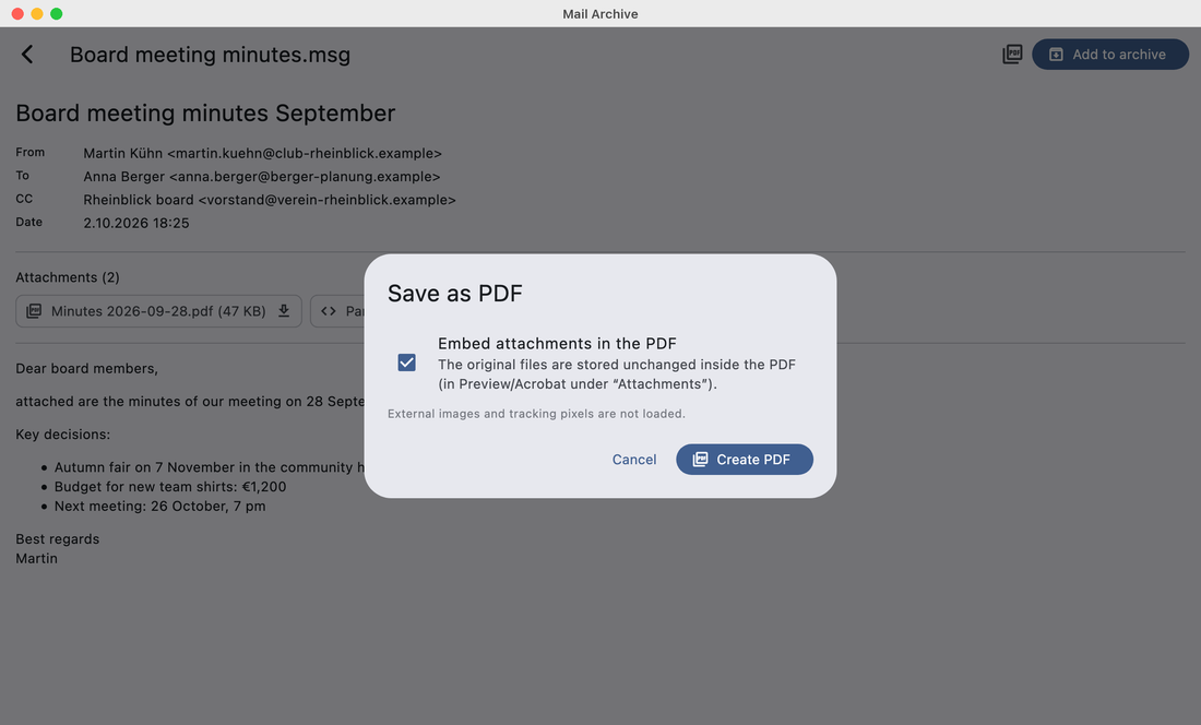 “Save as PDF” dialog in Mail Archive with the option “Embed attachments in the PDF”