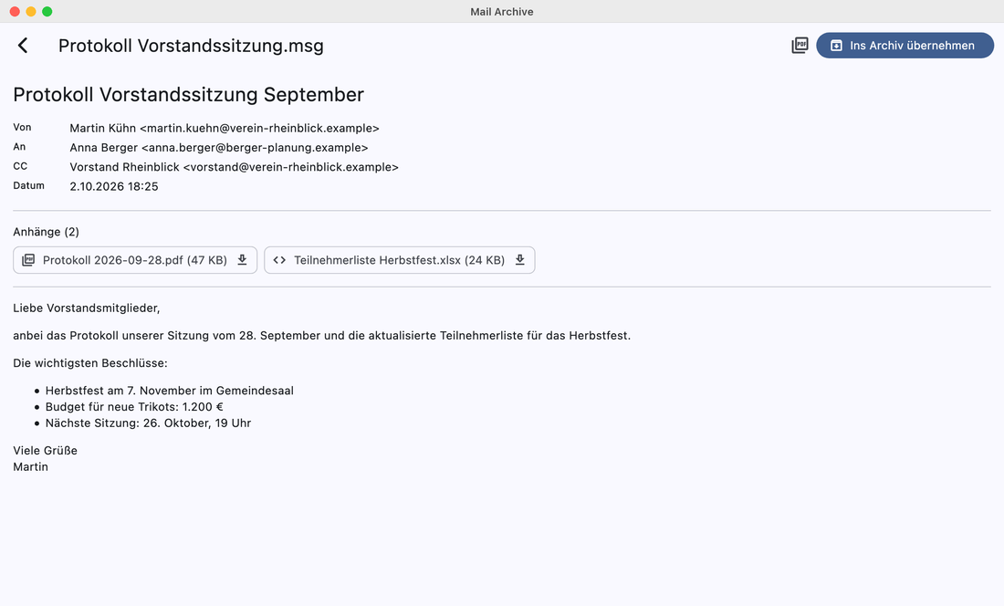 Geöffnete MSG-Datei in Mail Archive mit dem PDF-Symbol in der oberen Leiste