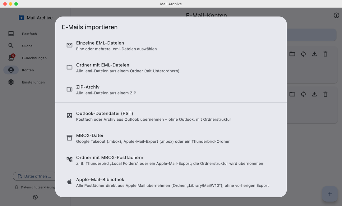 Dialog „E-Mails importieren“ mit der Quelle Outlook-Datendatei (PST)