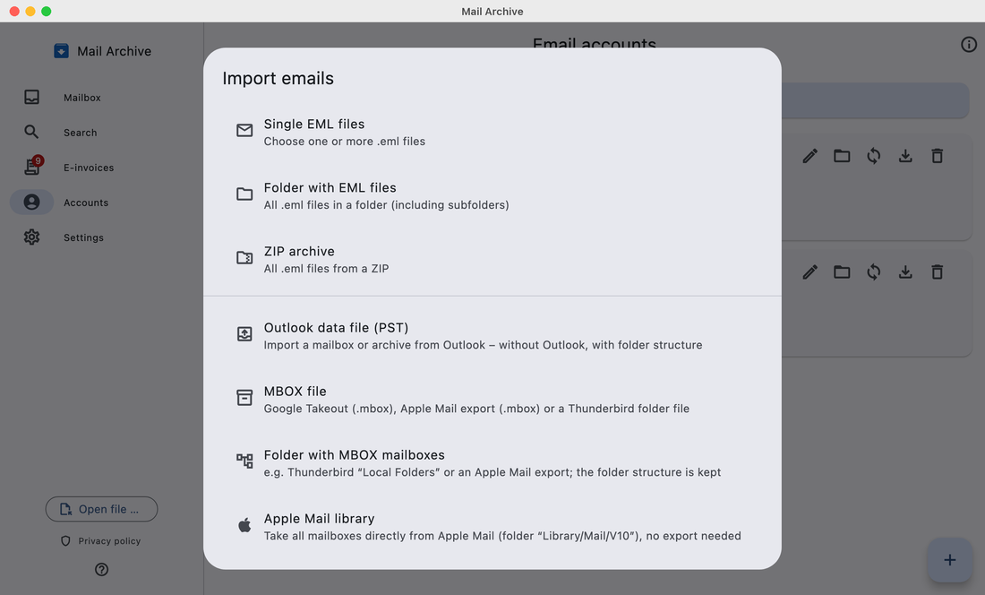 “Import emails” dialog with the source Outlook data file (PST)