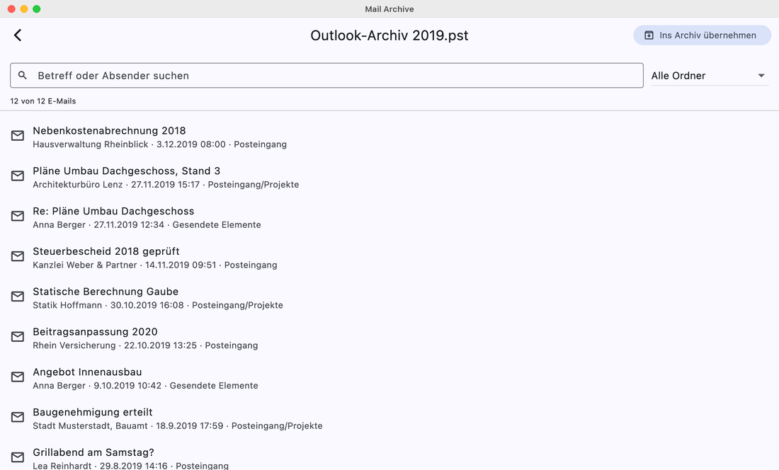 Mail Archive zeigt die Ordner und E-Mails einer Outlook-PST-Datei, ohne dass Outlook installiert ist