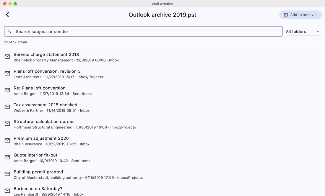 Mail Archive showing the folders and emails of an Outlook PST file without Outlook installed