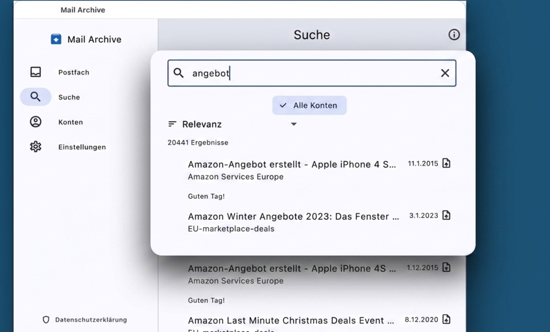 Mail Archive: Volltextsuche nach „angebot“ über alle Konten mit 20.441 Treffern