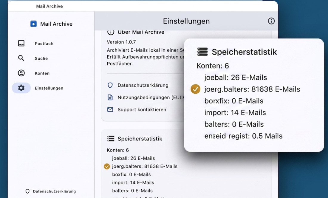 Speicherstatistik in Mail Archive: 6 Konten, 81.638 archivierte E-Mails