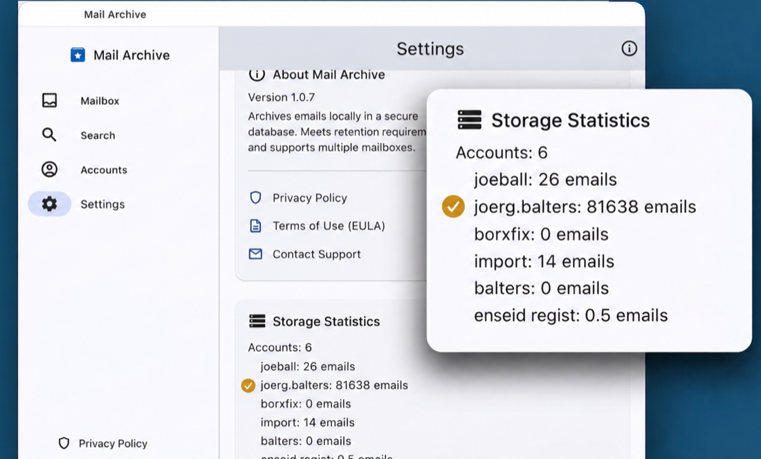 Storage statistics in Mail Archive: 6 accounts, 81,638 archived emails