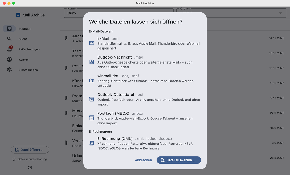 Dialog „Welche Dateien lassen sich öffnen?“ mit EML, MSG und winmail.dat