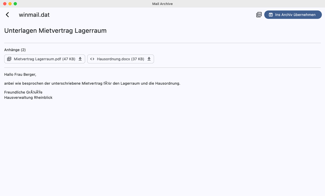 Mail Archive zeigt die entpackten Anhänge einer winmail.dat mit den Schaltflächen Öffnen und Speichern