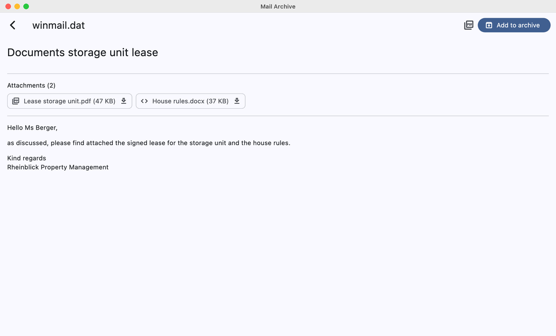 Mail Archive showing the extracted attachments of a winmail.dat with Open and Save buttons